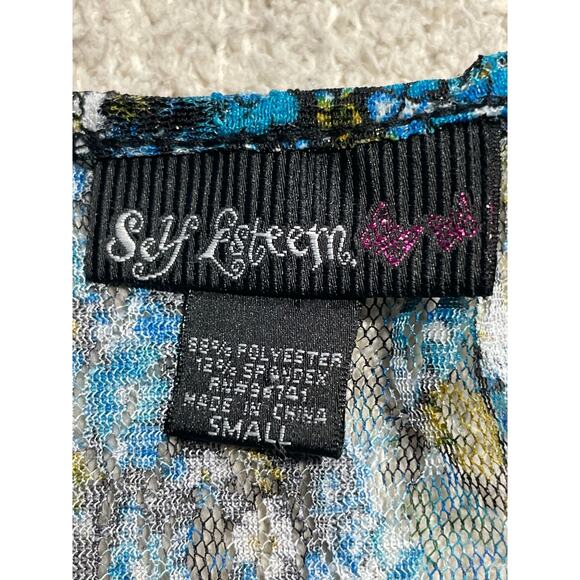 Y2k Self Esteem Mesh Top Women's Size Small Floral Short Sleeve Shirt Blue - Picture 4 of 7